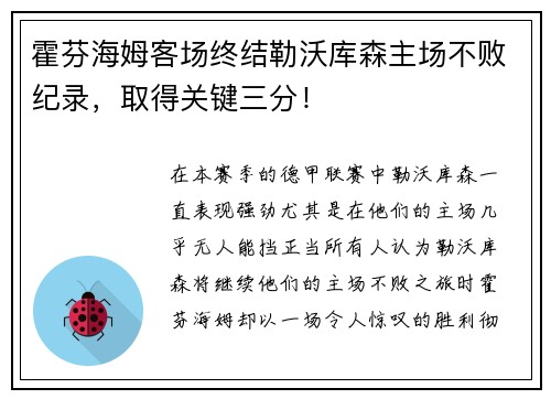 霍芬海姆客场终结勒沃库森主场不败纪录,取得关键三分!