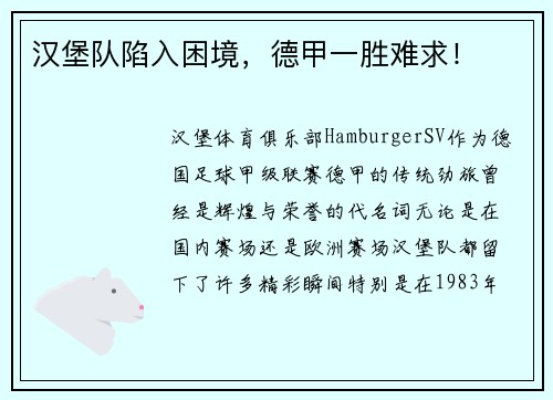 汉堡队陷入困境,德甲一胜难求!